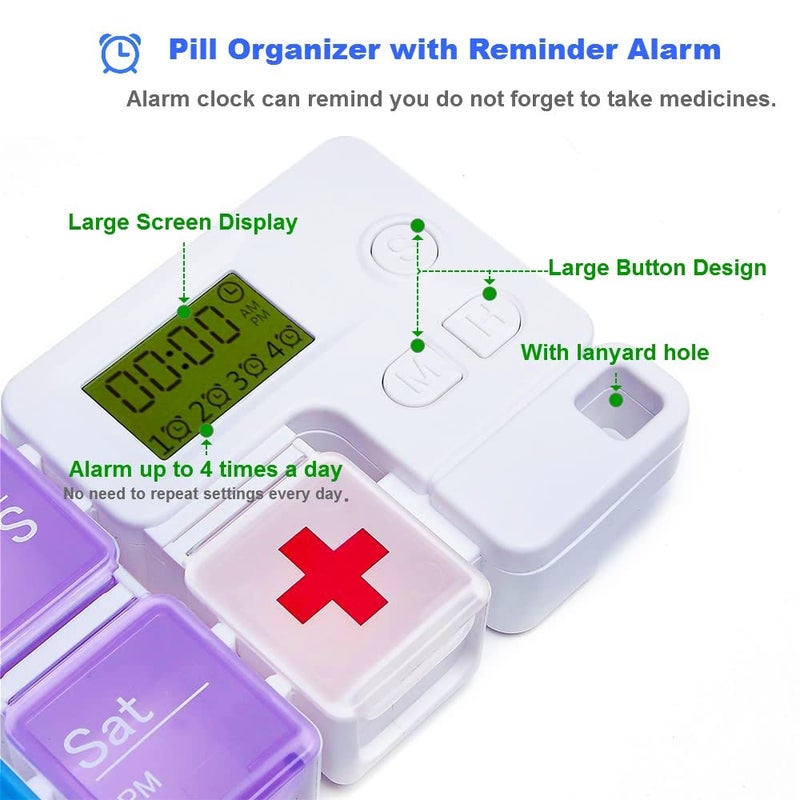 TBSoon 7 Day Medicine Pill Organizer, 4 Reminder Alarms, Loud Sound, 14 Large Compartments, Large Screen, Moisture-Proof, Travel Weekly/Daily Pill Box/Organizer/Case/Container/Dispenser, AM/PM 2 Times a Day - Image 3